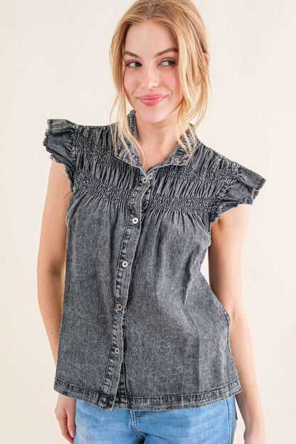 And The Why Full Size Ruffled Button Up Cap Sleeve Denim Top