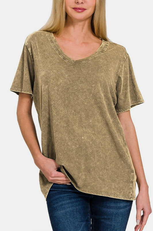 Zenana Washed Short Sleeve V-Neck T-Shirt