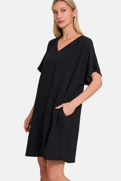 Zenana V-Neck Tee Dress with Pockets