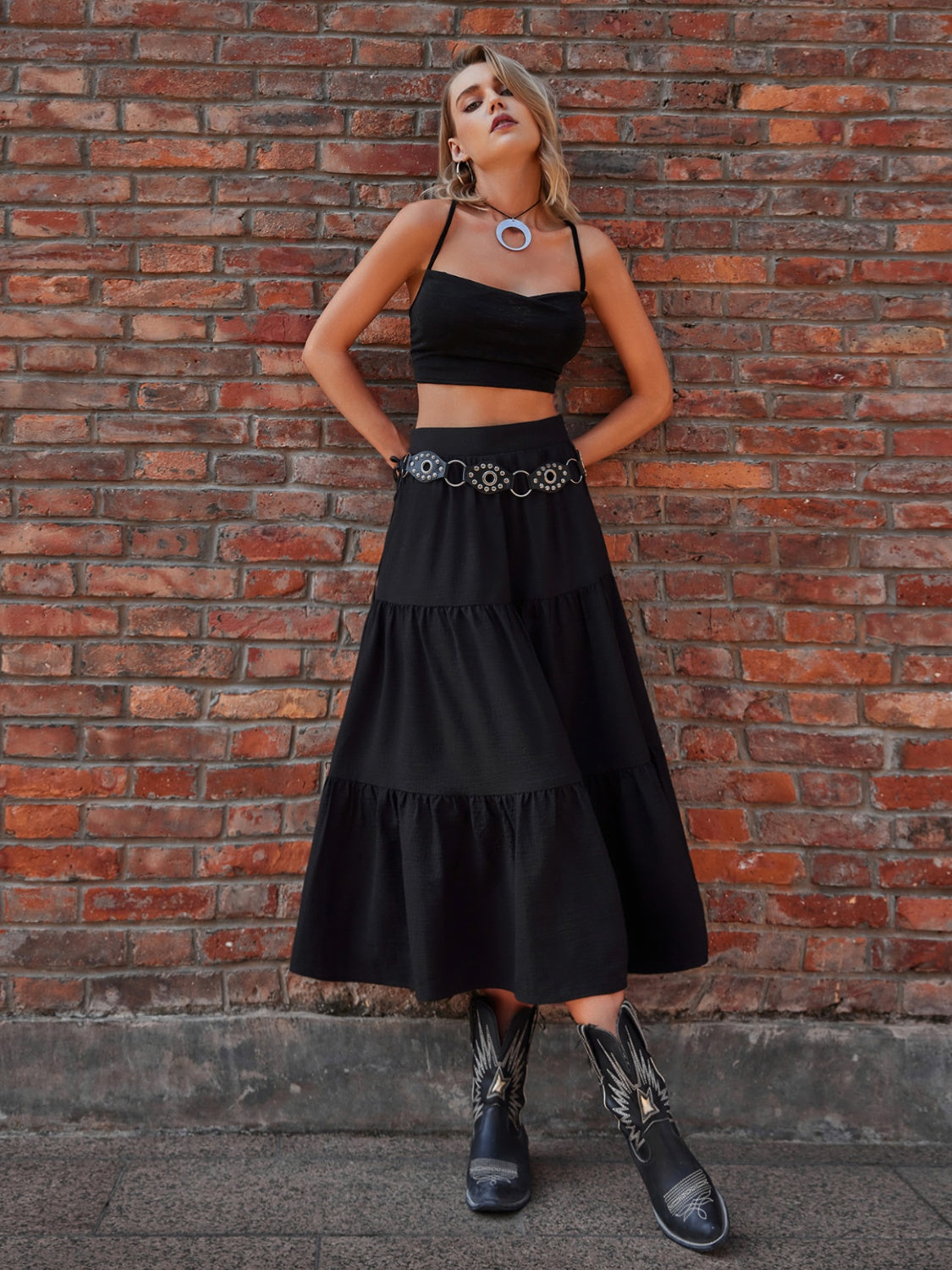 Elastic Waist Tiered Midi Skirt