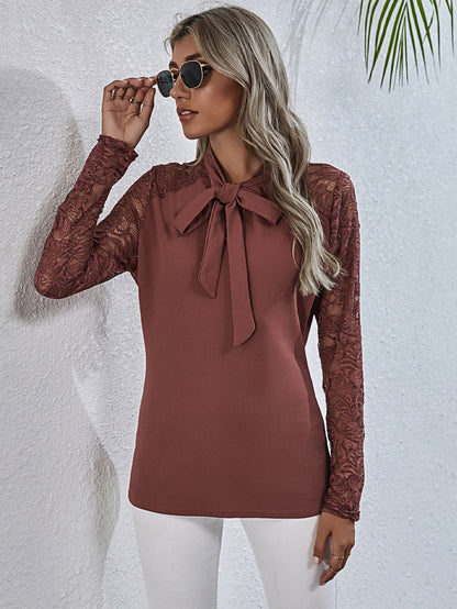 Tie Neck Spliced Lace Long Sleeve Top