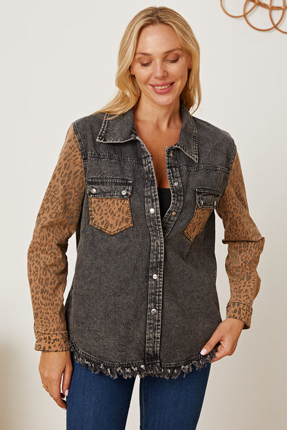 Leopard Raw Hem Pocketed Denim Jacket