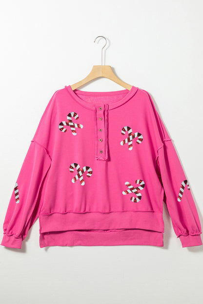 Candy Cane Sequin Exposed Seams Half Button Sweatshirt