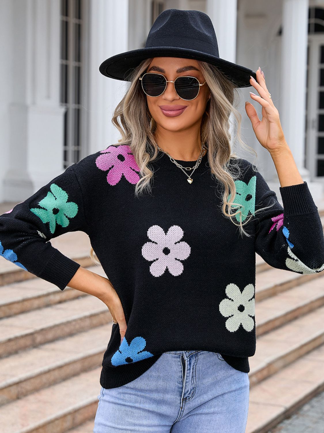 Flower Round Neck Long Sleeve Sweater