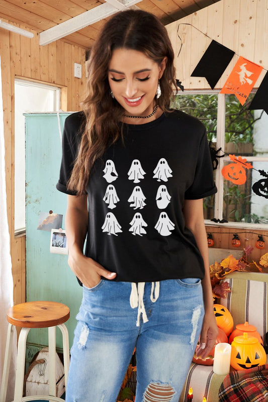 Round Neck Short Sleeve Ghost Graphic T-Shirt