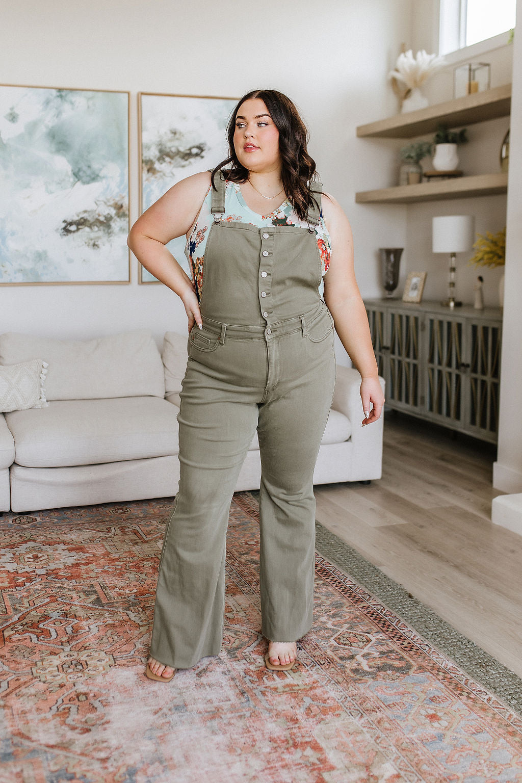 Judy Blue Olivia Control Top Release Hem Overalls in Olive