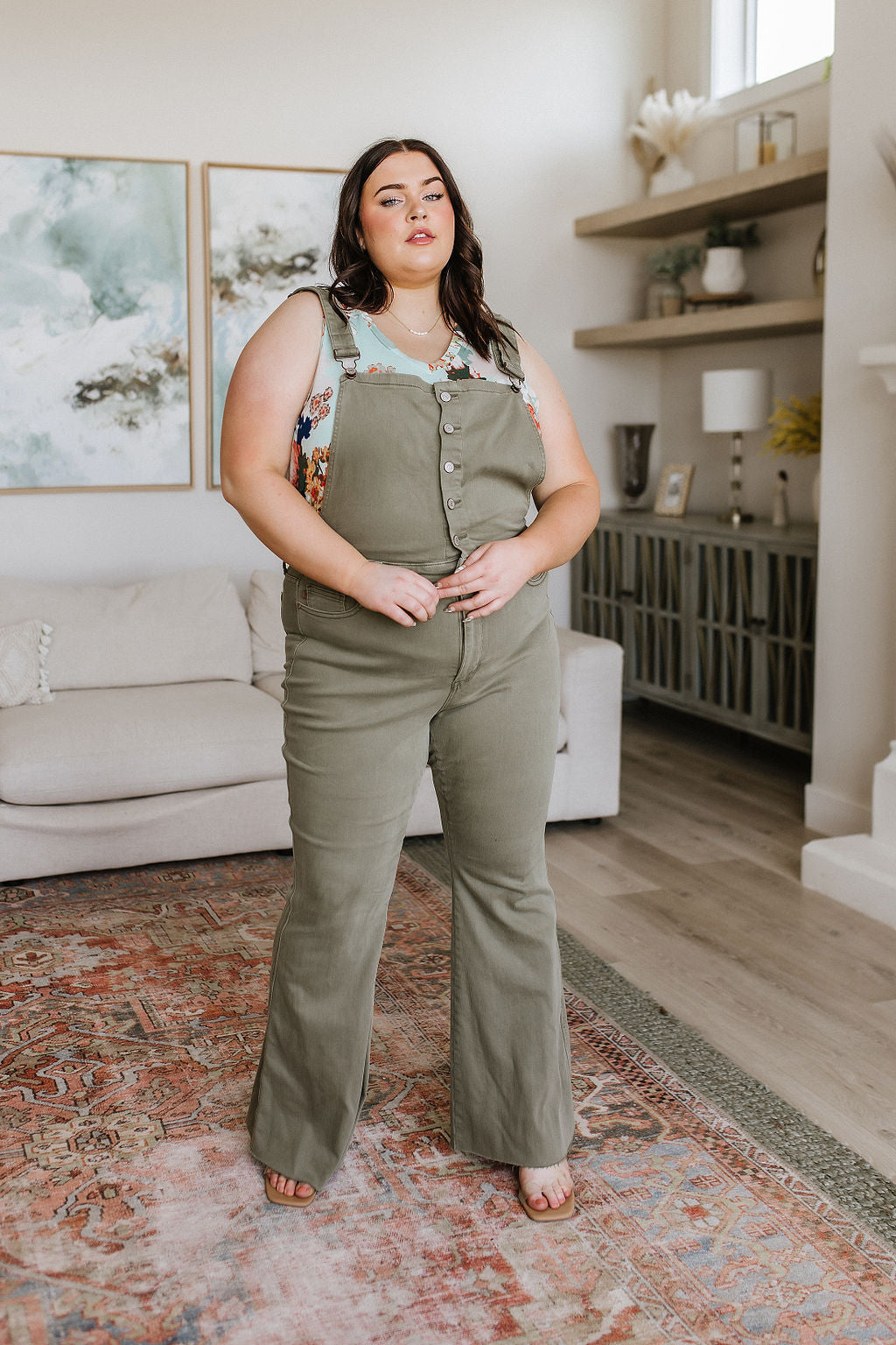 Judy Blue Olivia Control Top Release Hem Overalls in Olive