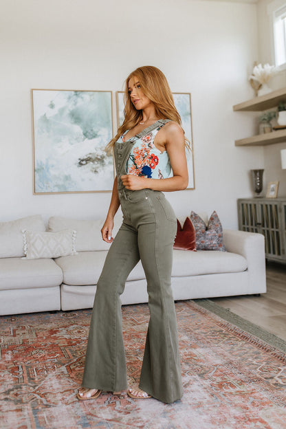 Judy Blue Olivia Control Top Release Hem Overalls in Olive