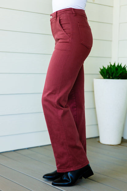 Judy Blue Phoebe High Rise Front Seam Straight Jeans in Burgundy