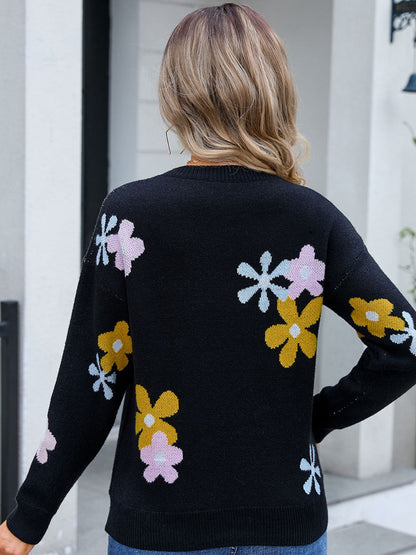 Flower Round Neck Dropped Shoulder Sweater