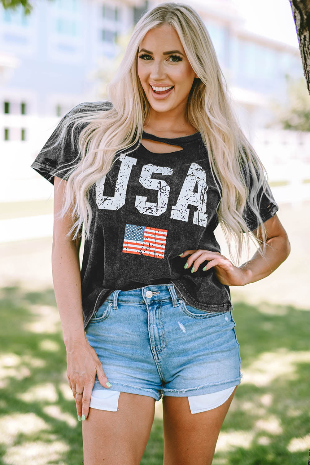 USA Cutout Round Neck Short Sleeve T-Shirt