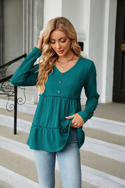 Long Sleeve V-Neck Cable-Knit Blouse