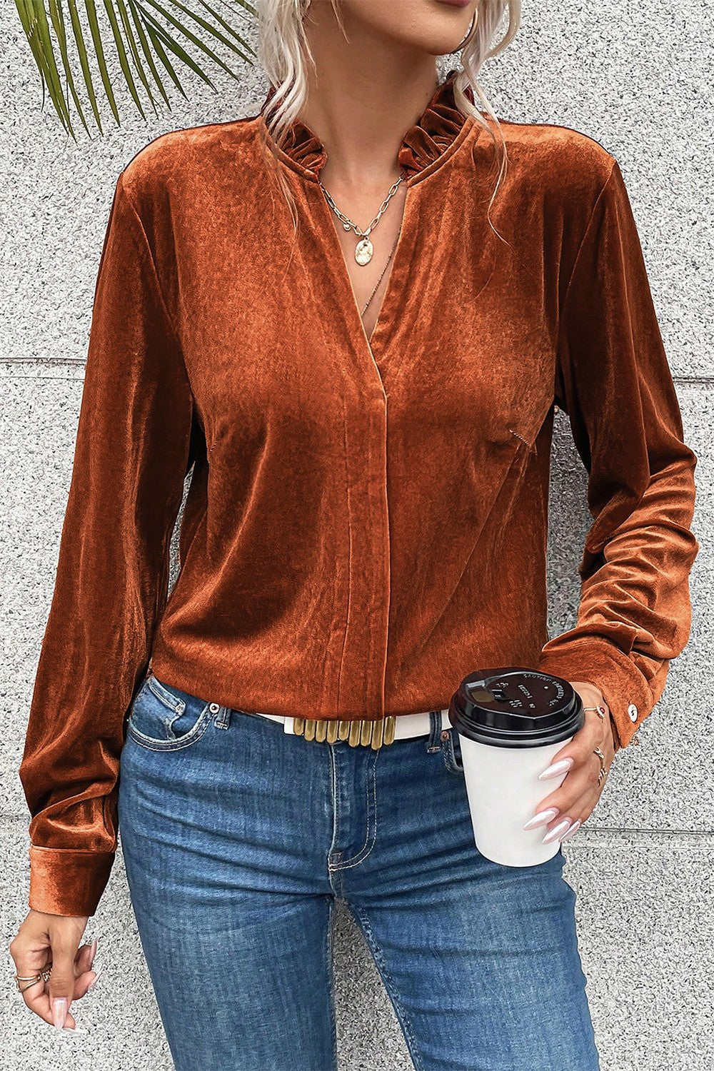 Notched Frill Detail Long Sleeve Blouse