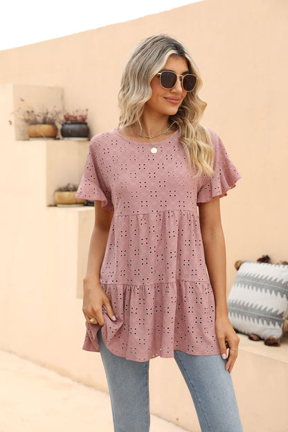 Openwork Round Neck Flounce Sleeve Blouse