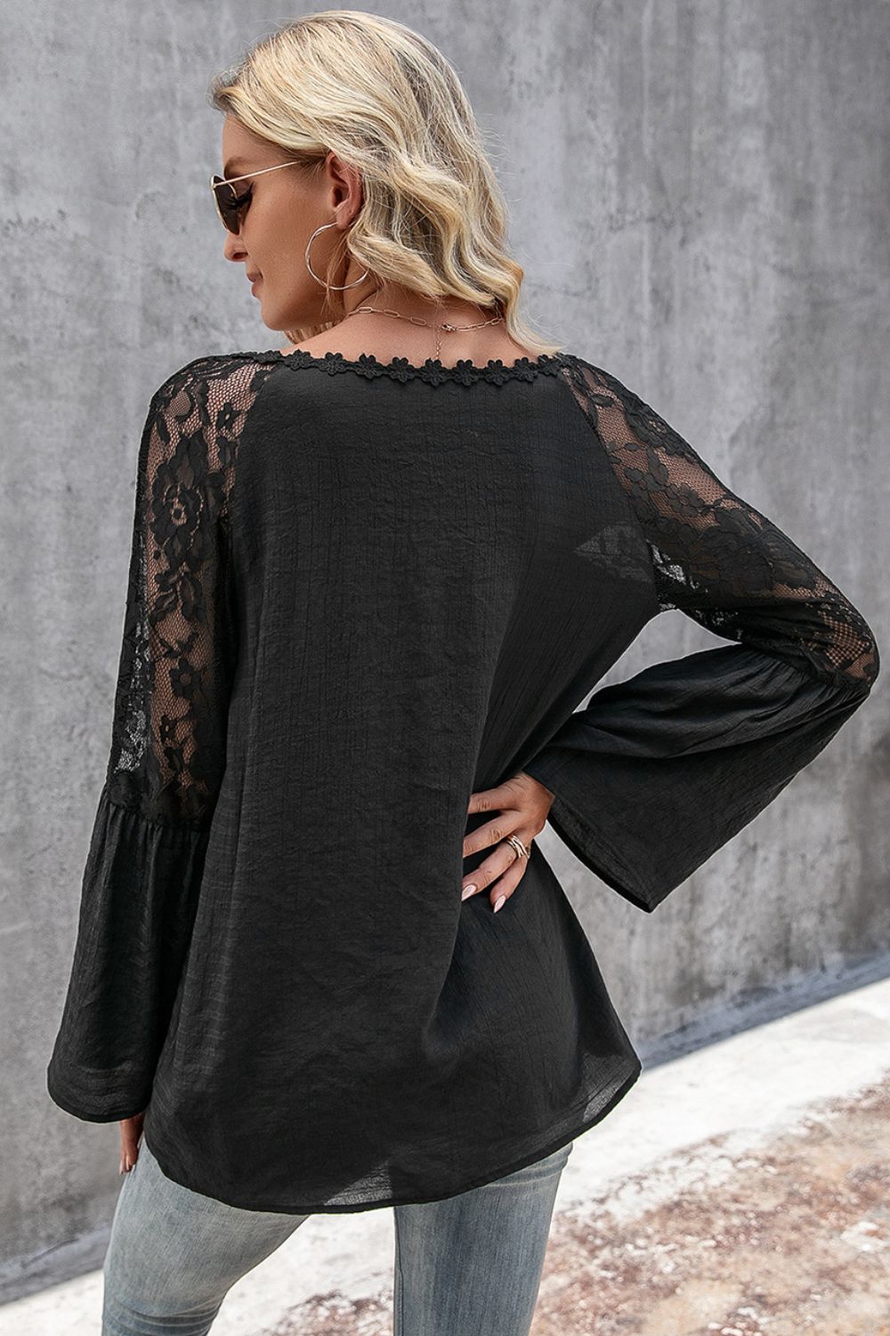 V-Neck Spliced Lace Flare Sleeve Top