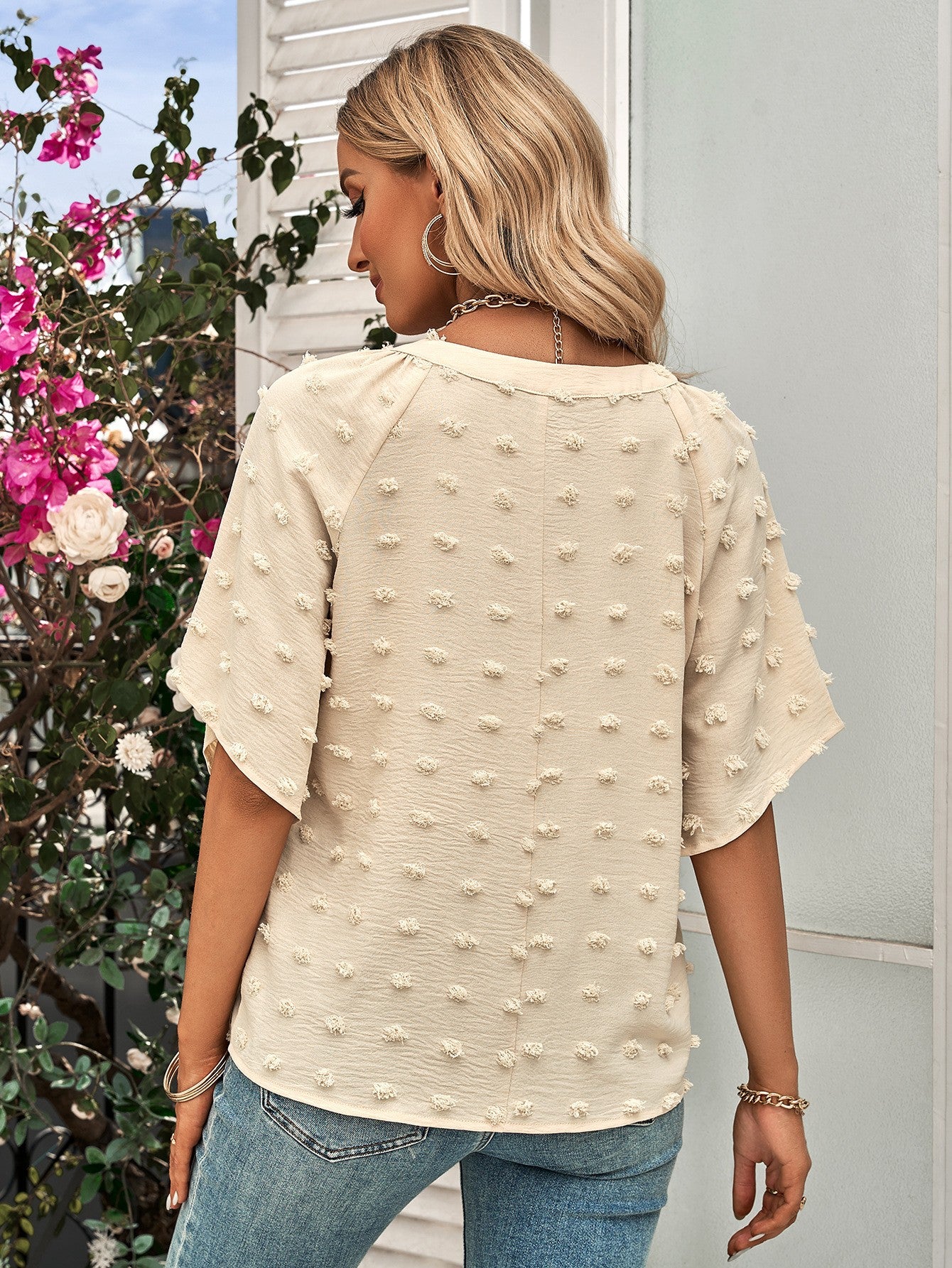 Swiss Dot Notched Neck Flare Sleeve Blouse